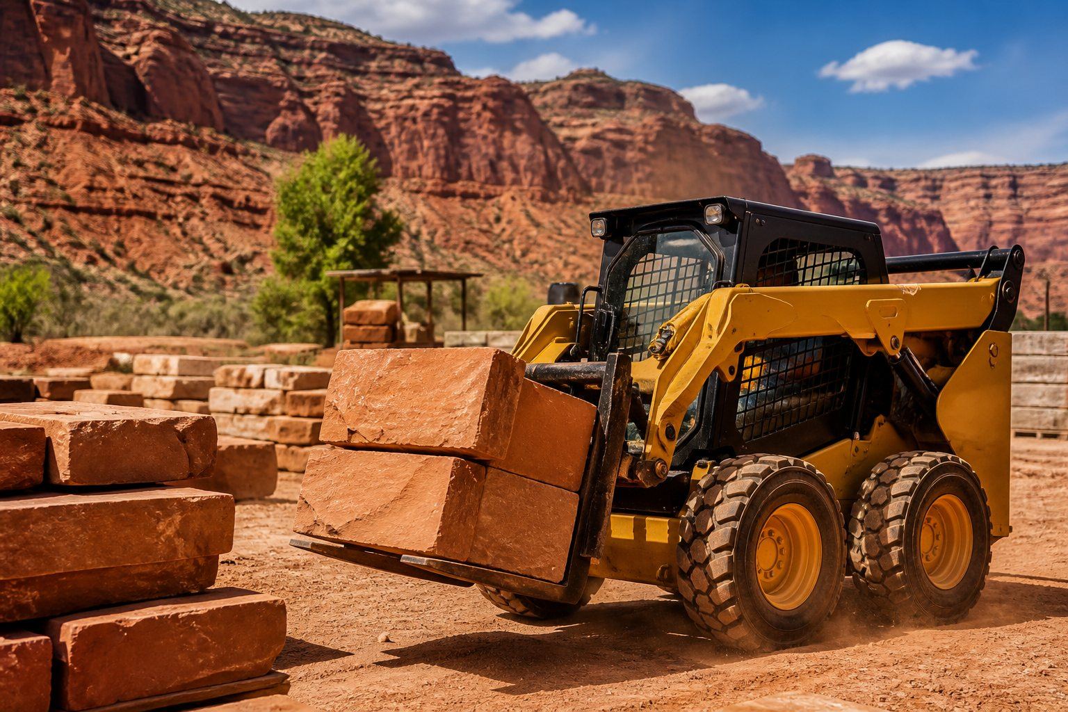 Yellow skid-steer hauling sandstone blocks against canyon cliffs
