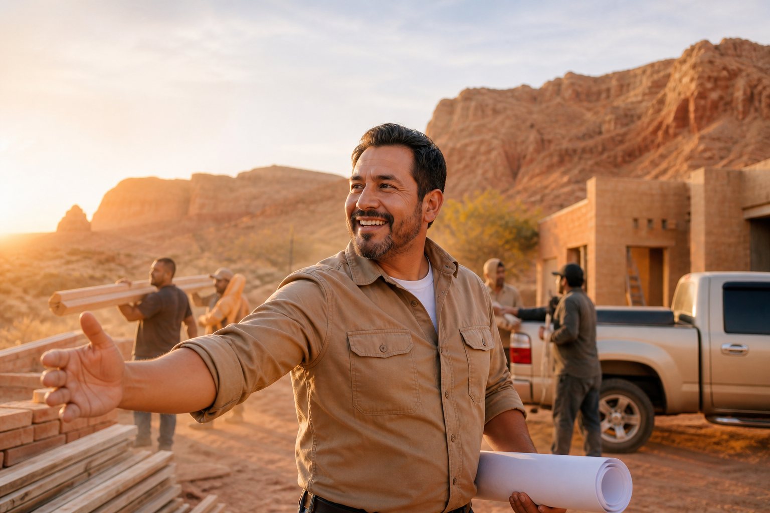 Southwest contractor offering a handshake on a mesa jobsite at golden hour