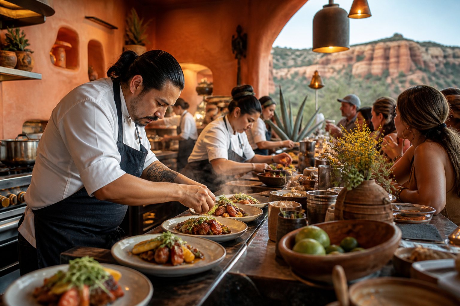 Terracotta open kitchen plating dishes with a red-rock mesa view